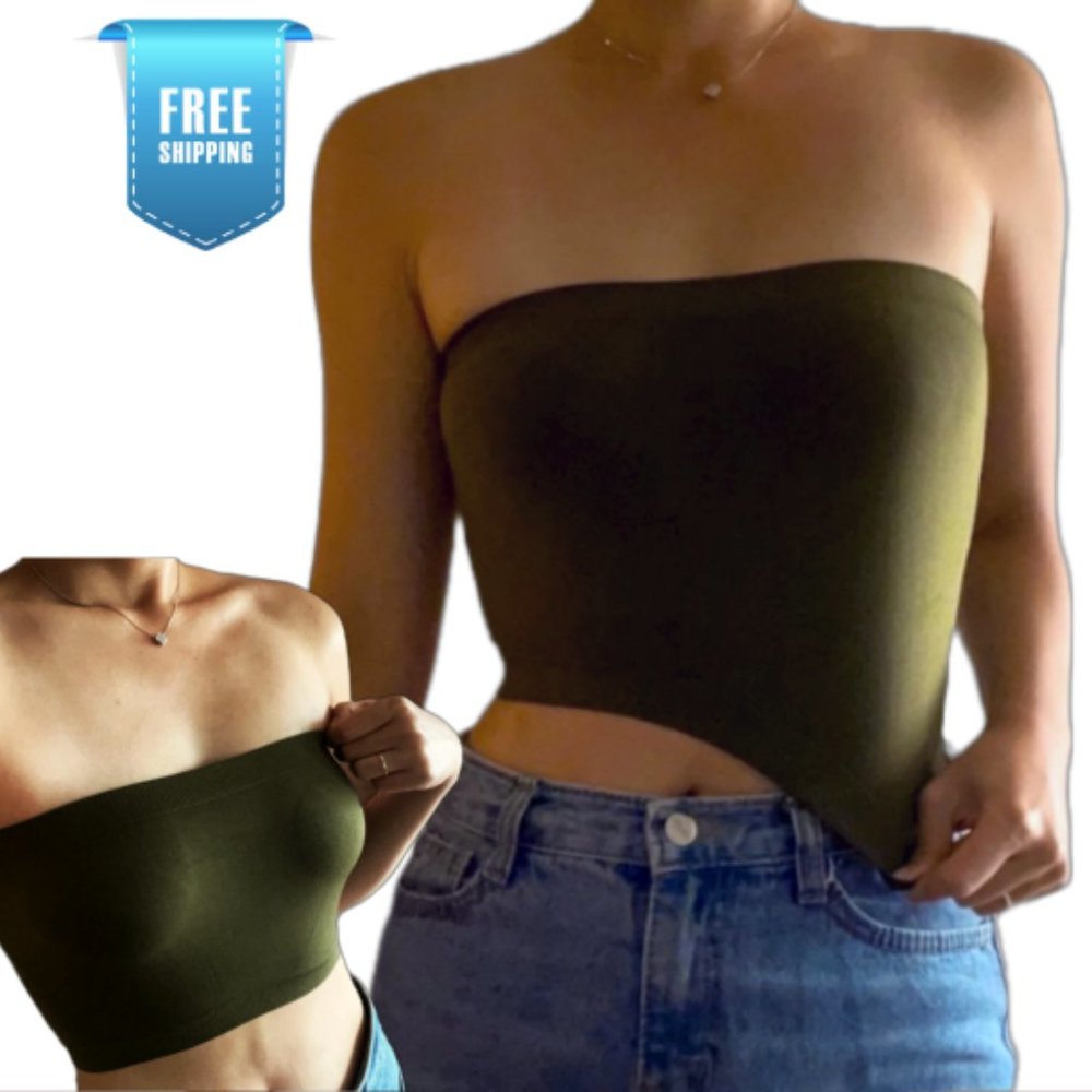 (NEW) Non-slip Stretchy Seamless Active Flexible Womens Band Tube Crop Top/Olive